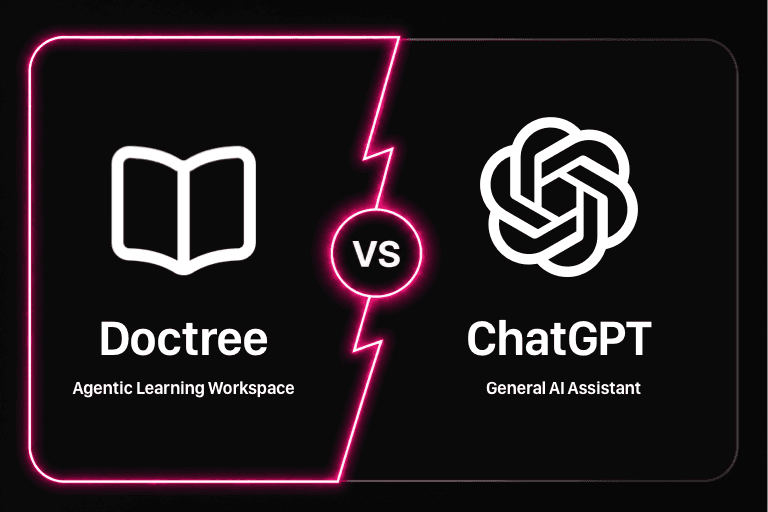 DocTree spatial knowledge workspace compared with the broad ChatGPT conversational assistant workflow