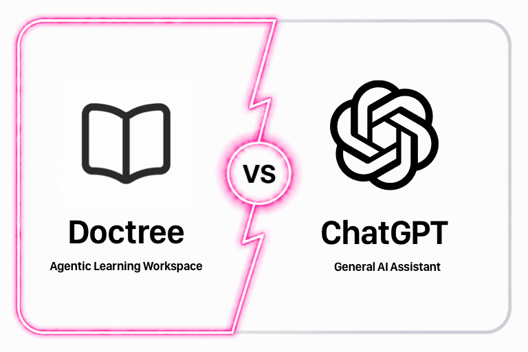 DocTree spatial knowledge workspace compared with the broad ChatGPT conversational assistant workflow