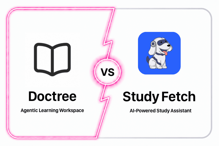 DocTree visual knowledge canvas compared with the StudyFetch AI exam-preparation workflow